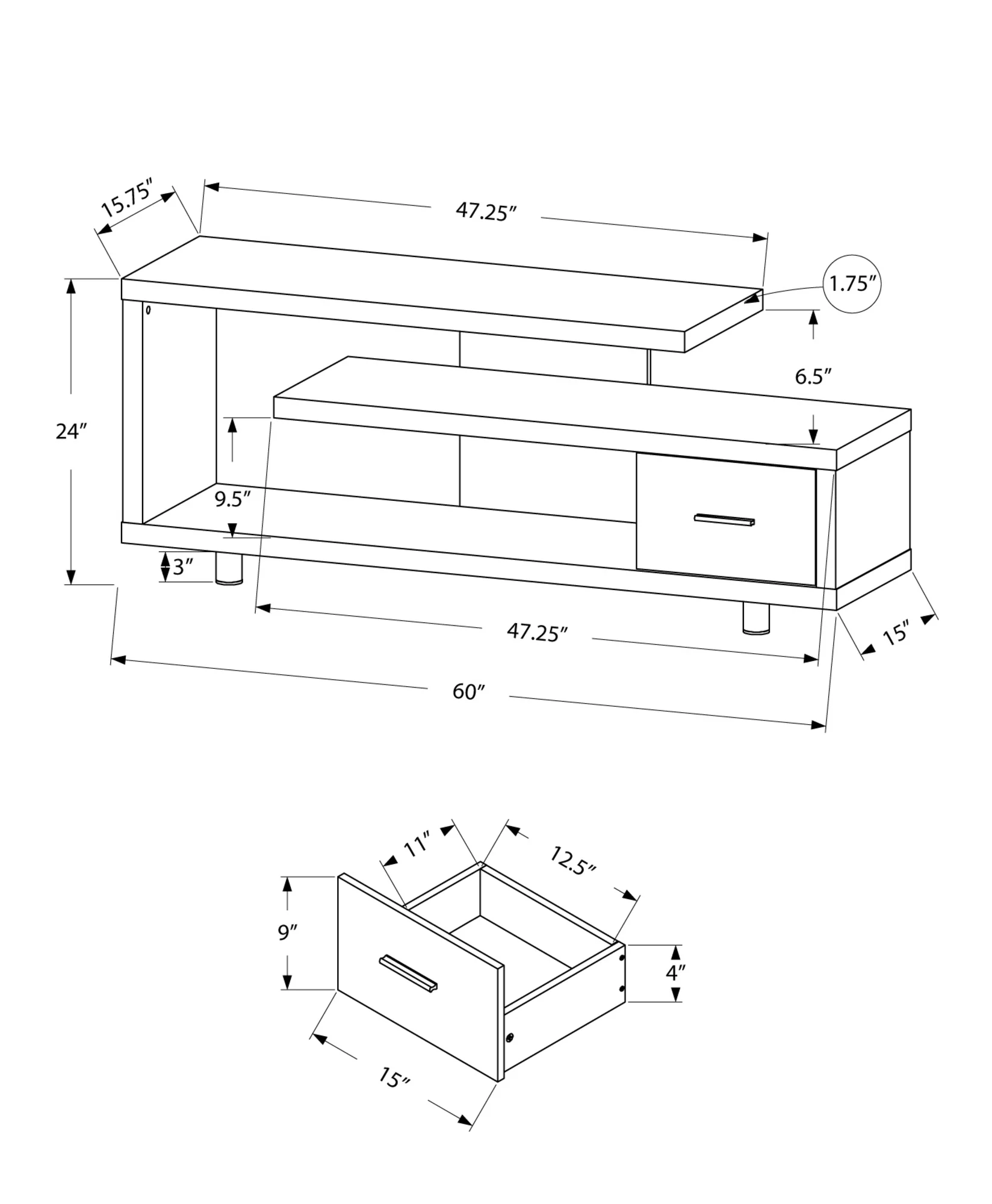 15.75" X 60" X 24" White Silver Particle Board Hollow Core Metal TV Stand With A Drawer By Homeroots - Image 3