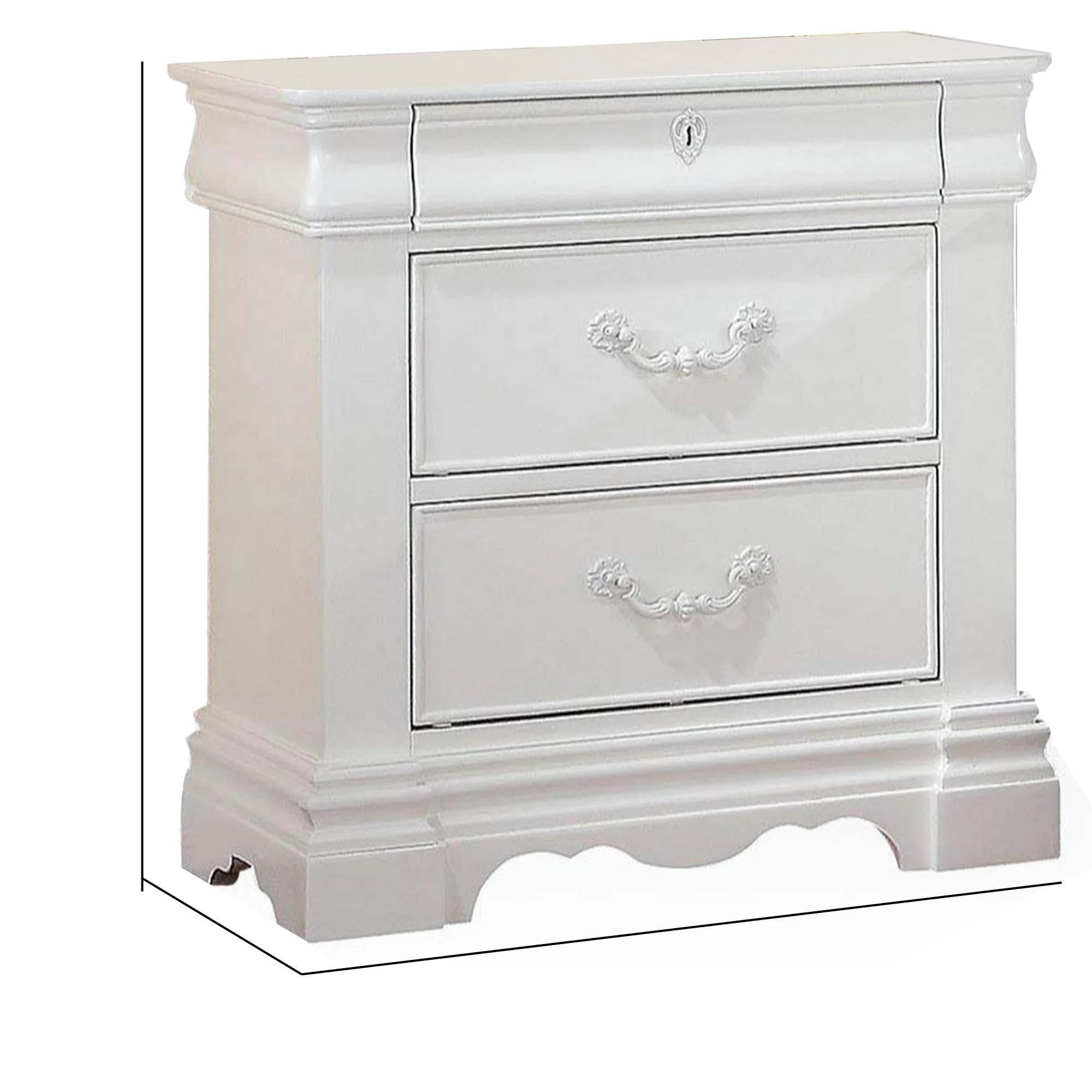 2 Drawer Wooden Nightstand with Hanging Pulls and Bracket Feet, White By Benzara