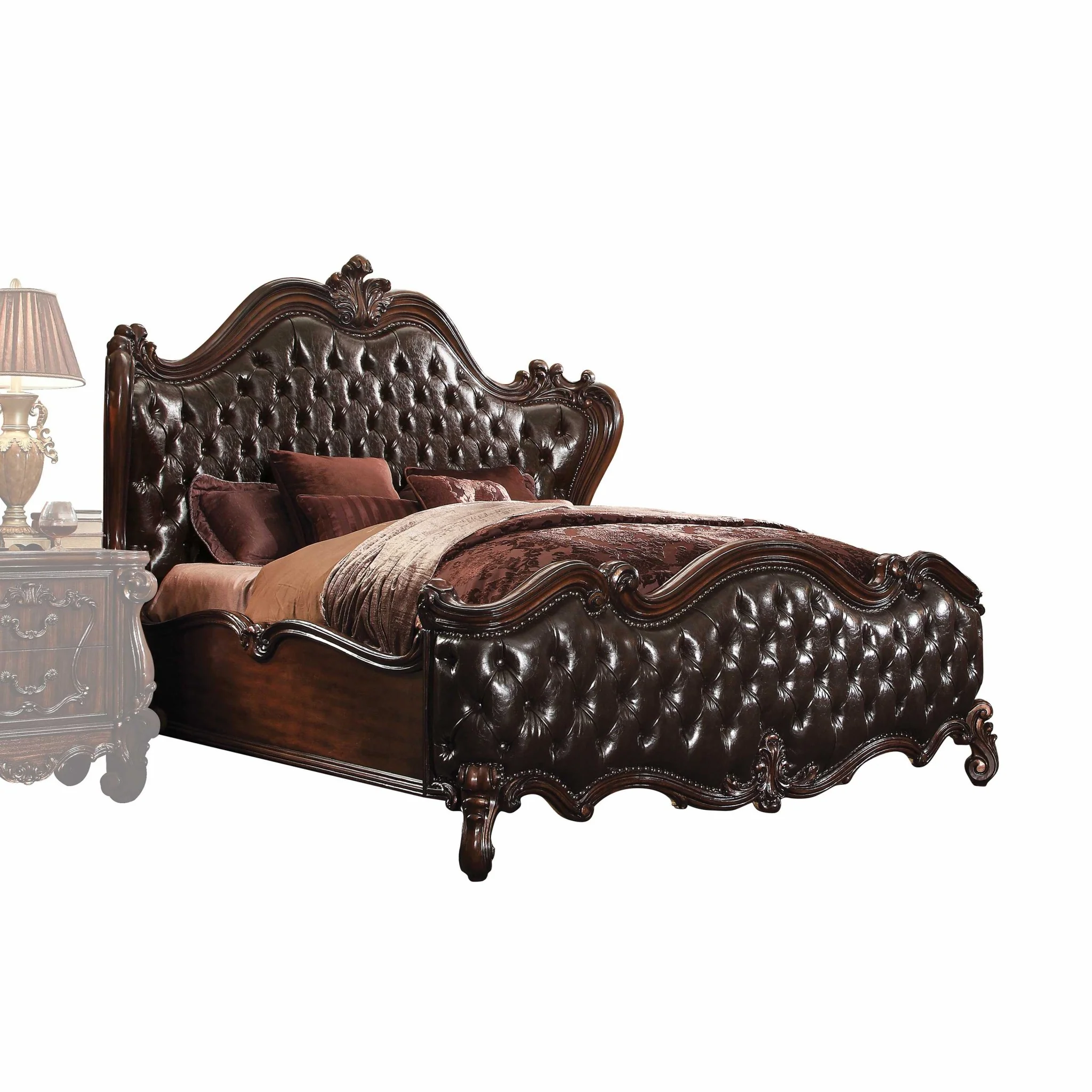 2-Tone Dark Brown PU Cherry Oak Wood Poly Resin Upholstery Eastern King Bed By Homeroots - Image 2