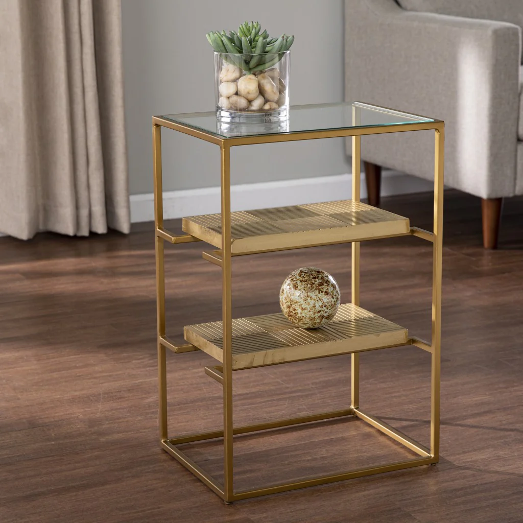 24" Brass Glass And Iron Rectangular End Table With Two Shelves By Homeroots
