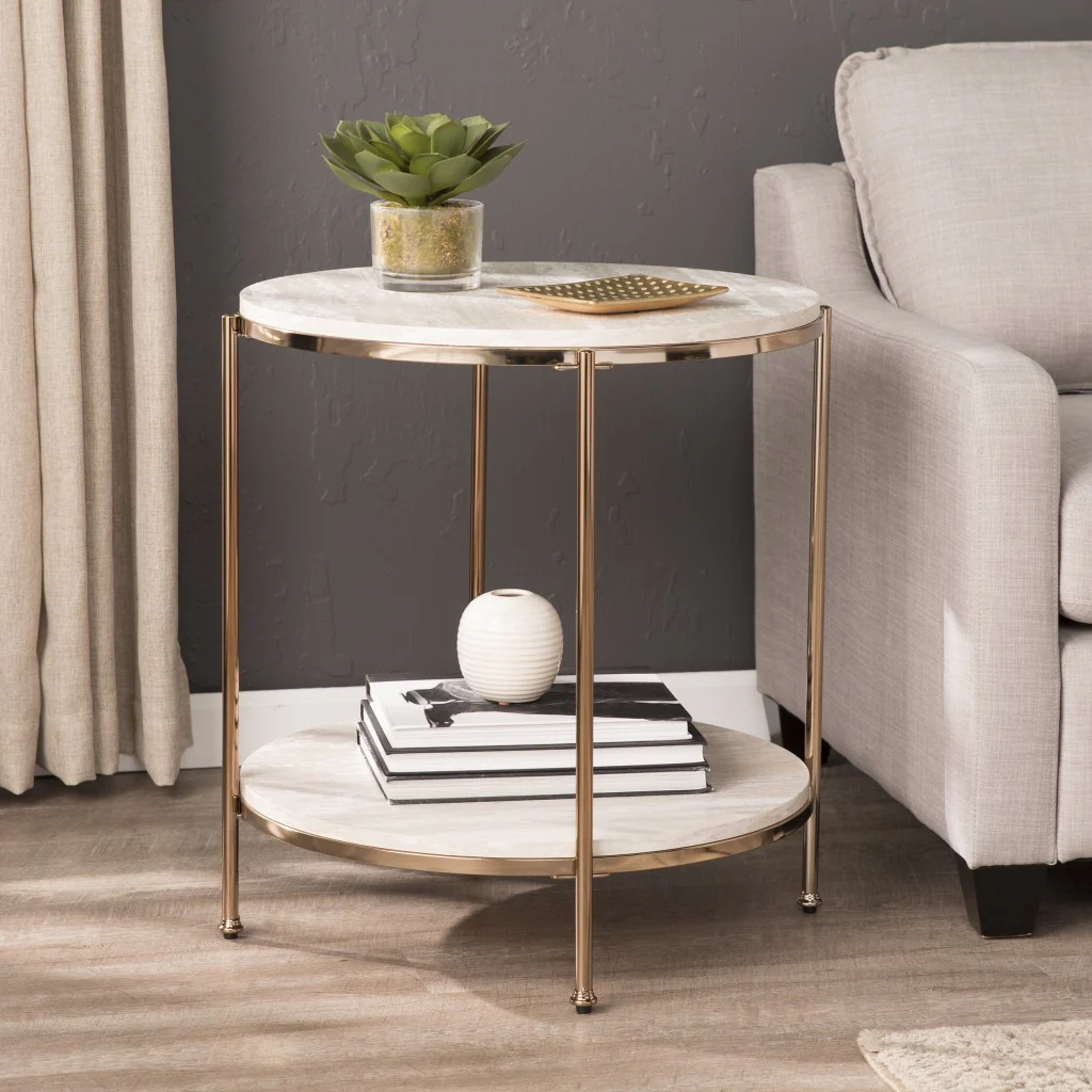 24" Champagne Faux Marble And Iron Round End Table With Shelf By Homeroots