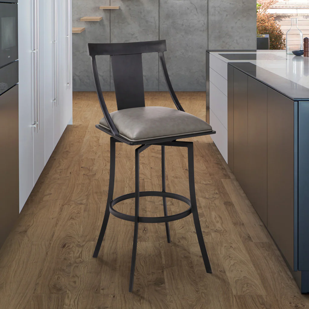26" Gray Faux Leather and Metal Square Seat Swivel Bar Stool By Homeroots