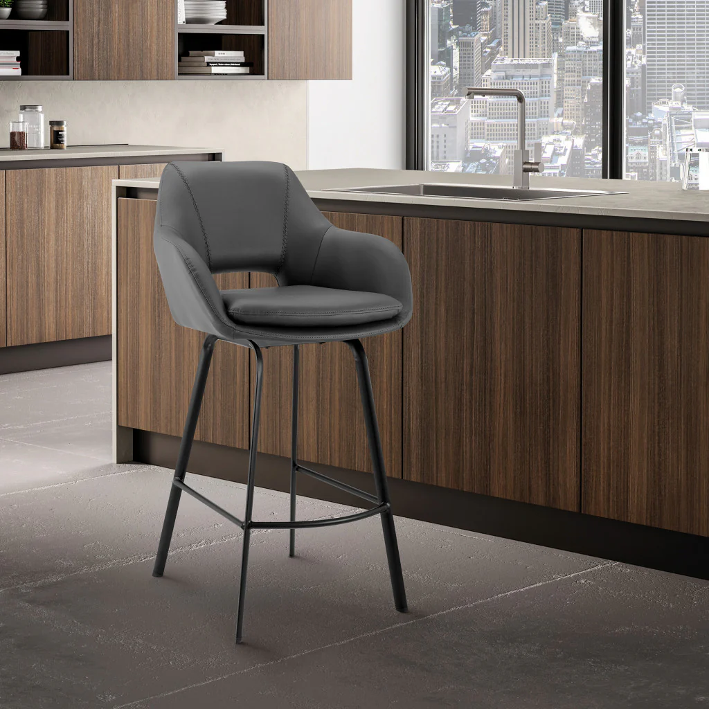 26" Gray on Black Faux Leather Comfy Swivel Counter Stool By Homeroots