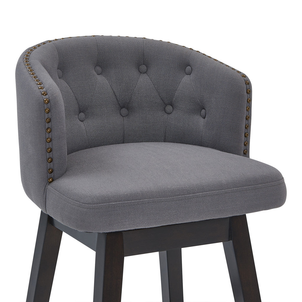 26" Grey Tufted Fabric and Dark Espresso Wood Swivel Bar Stool By Homeroots - Image 5