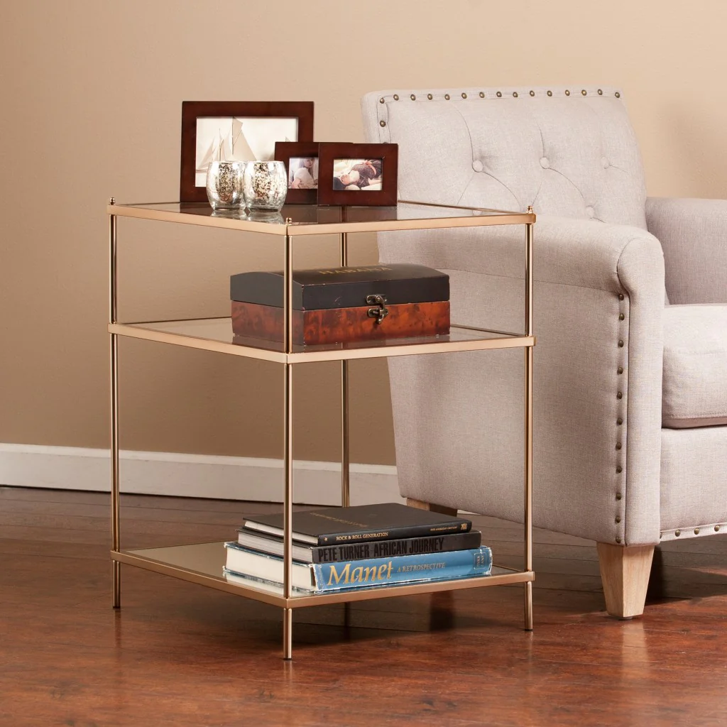 27" Gold Glass And Iron Square Mirrored End Table With Shelf By Homeroots