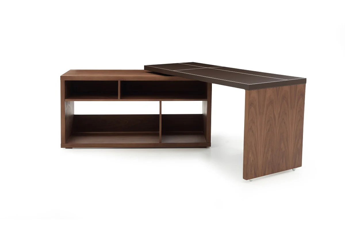 29 Walnut and Brown Veneer L Shaped Desk with a Leather Top By Homeroots