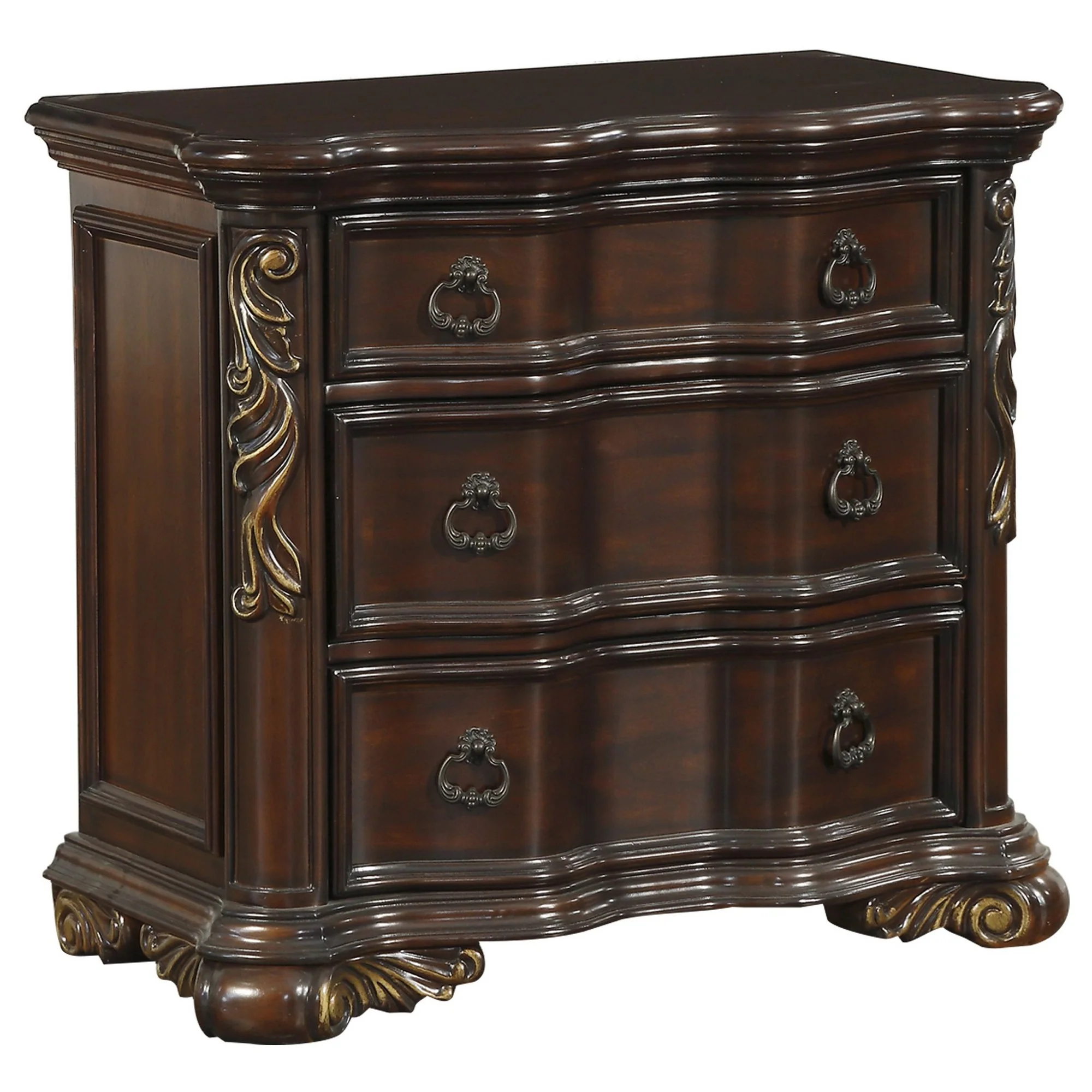 3 Drawer Nightstand With Carved Pilaster And Bracket Feet, Cherry Brown By Benzara