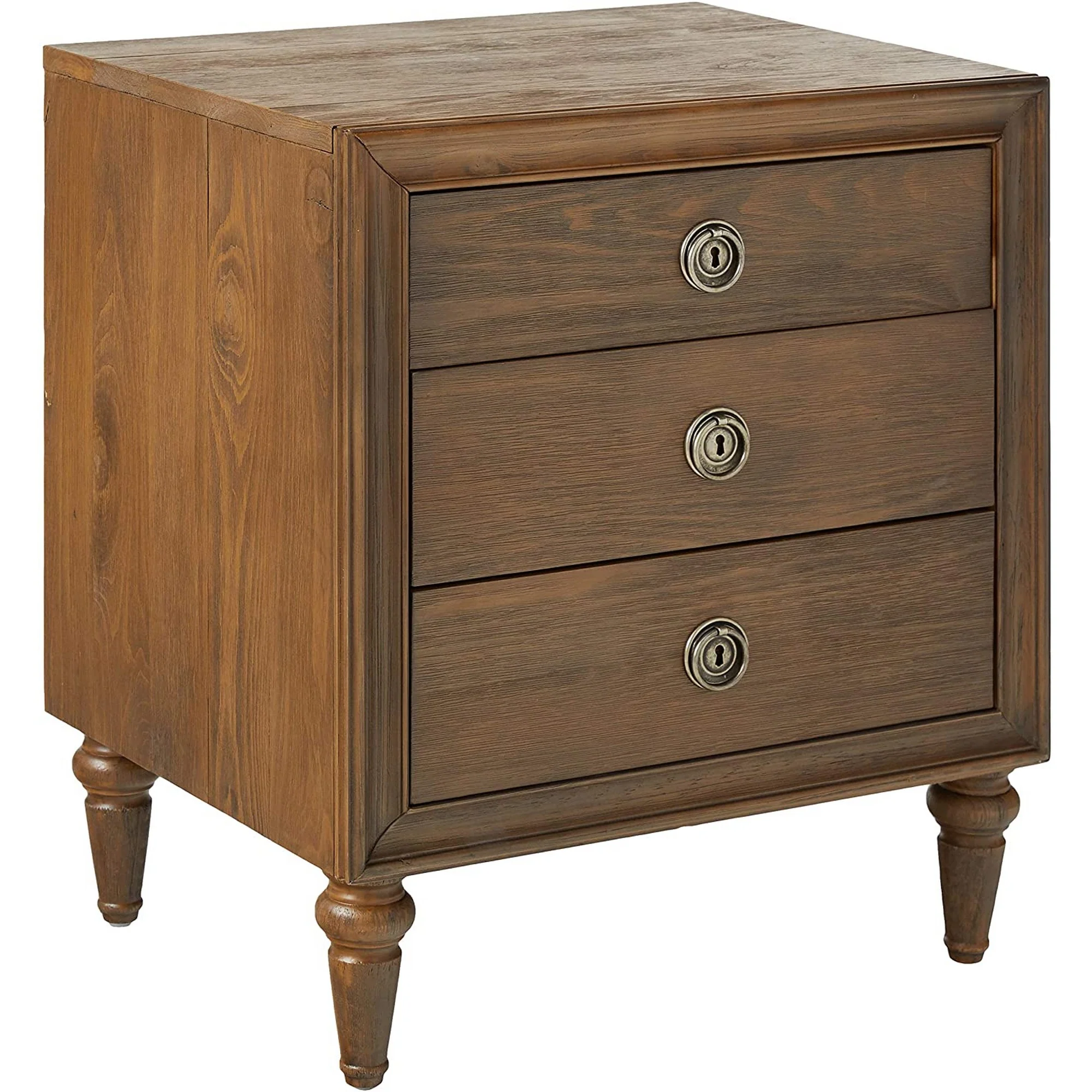 3 Drawer Wooden Nightstand With Turned Tapered Legs, Brown By Benzara