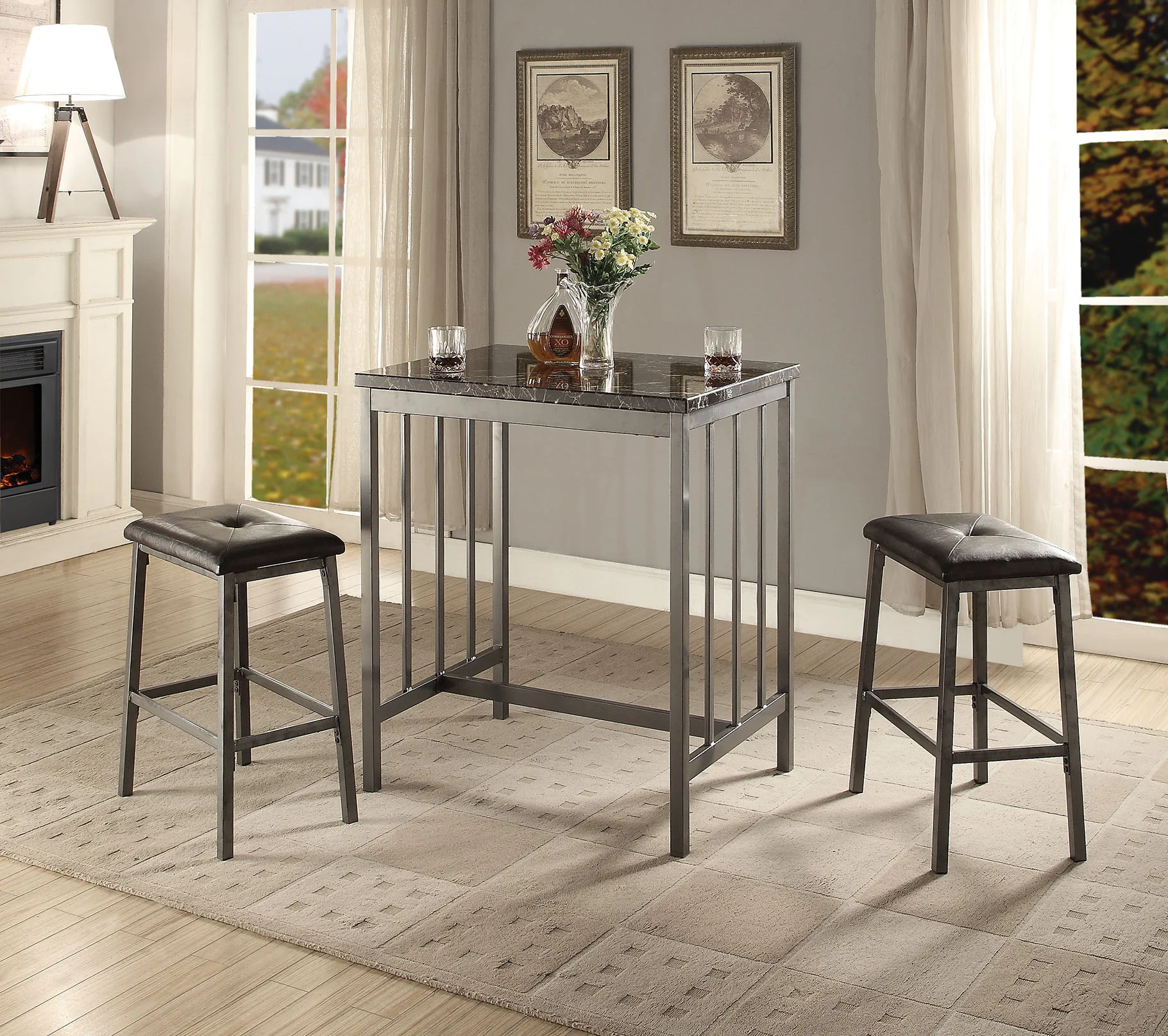 3 Piece Counter Height Set In Faux Marble Gray And Black By Homeroots