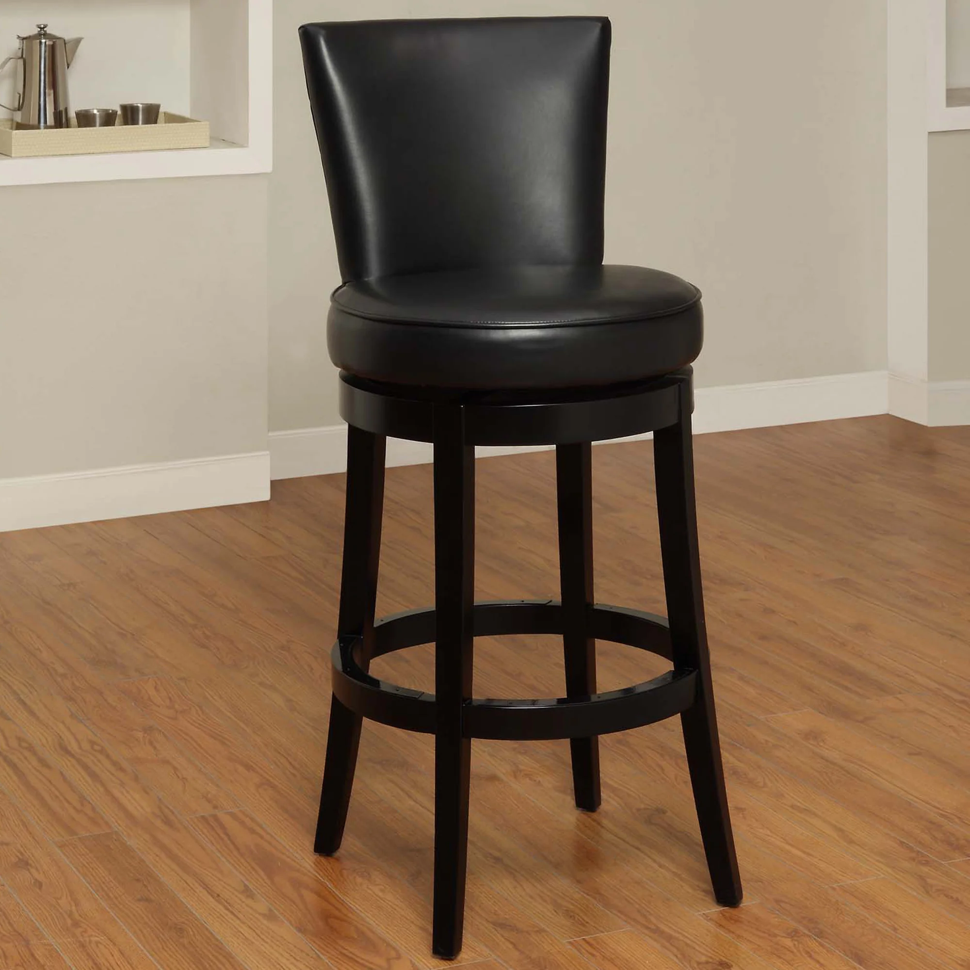 30" Black Faux Leather Round Seat Black Wood Swivel Armless Bar Stool By Homeroots