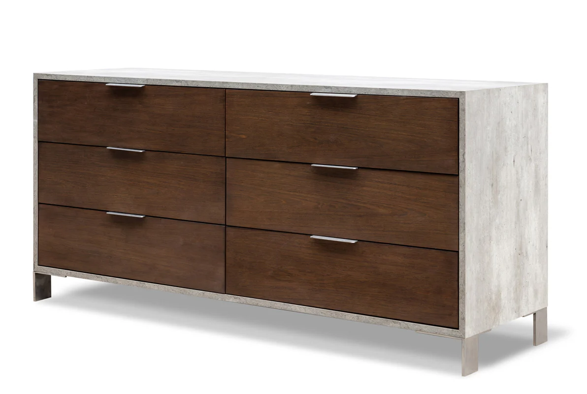 30' Dark Walnut Veneer Steel And Concrete Dresser With 6 Drawers By Homeroots