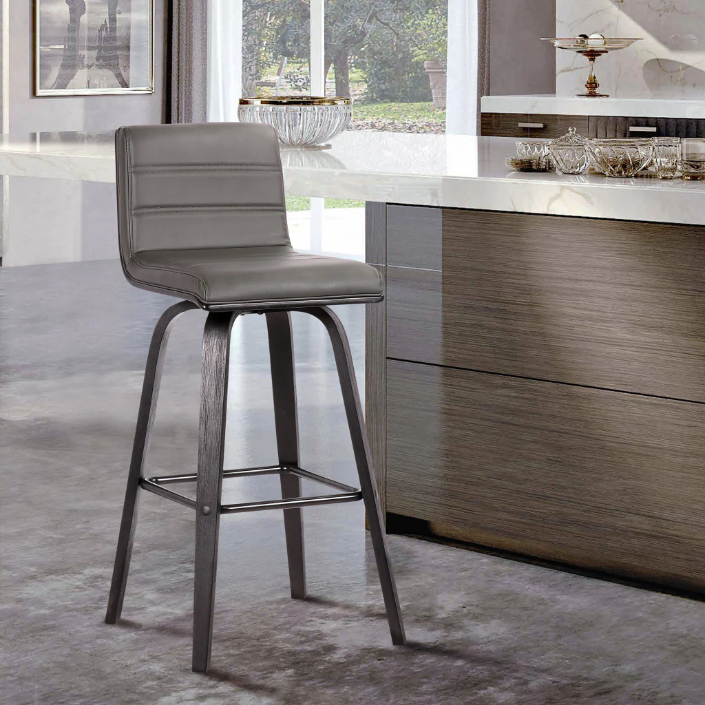 30” Gray Faux Leather Black Wooden Swivel Bar Stool By Homeroots
