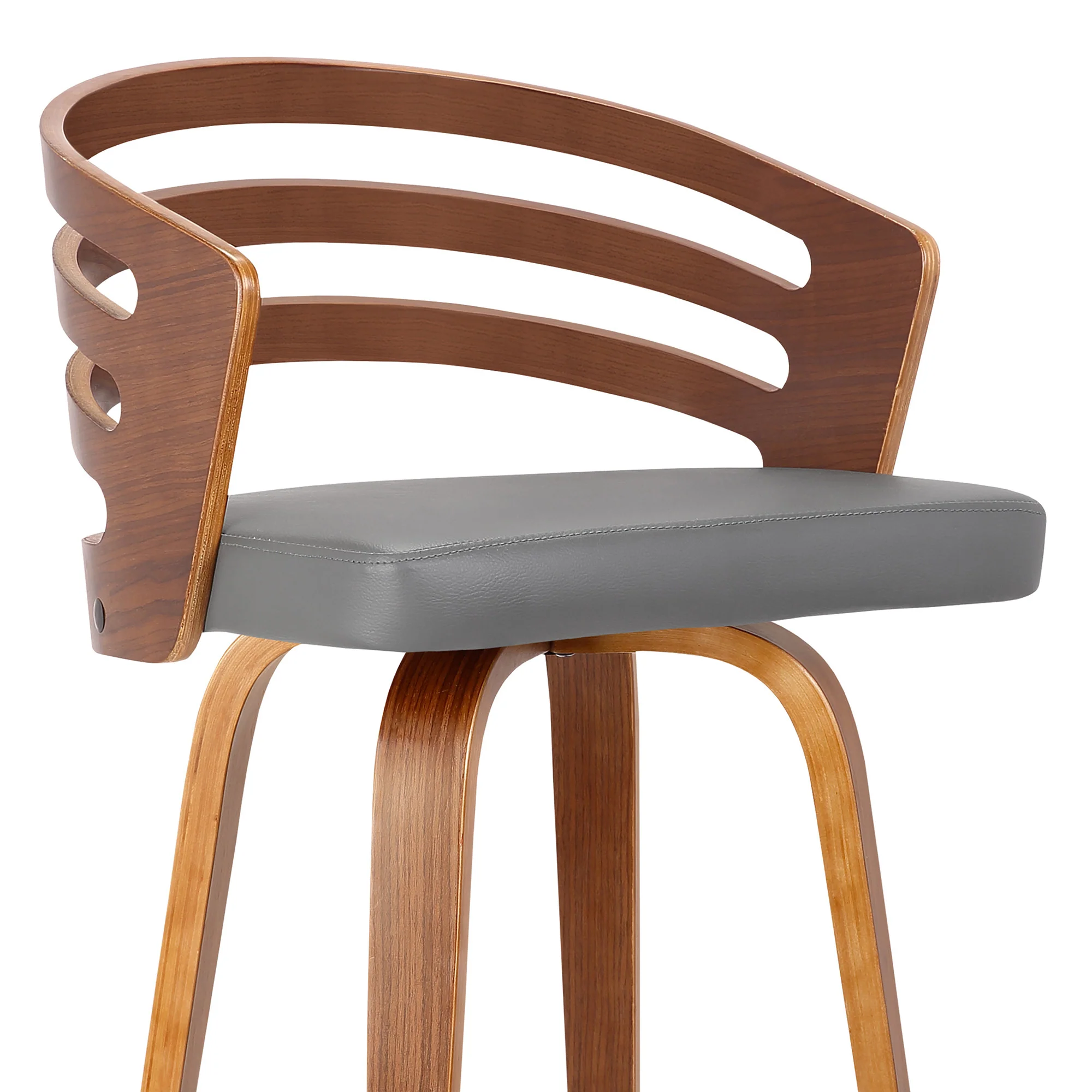 30” Gray Modern Faux Leather & Walnut Wood Swivel Bar Stool By Homeroots - Image 5