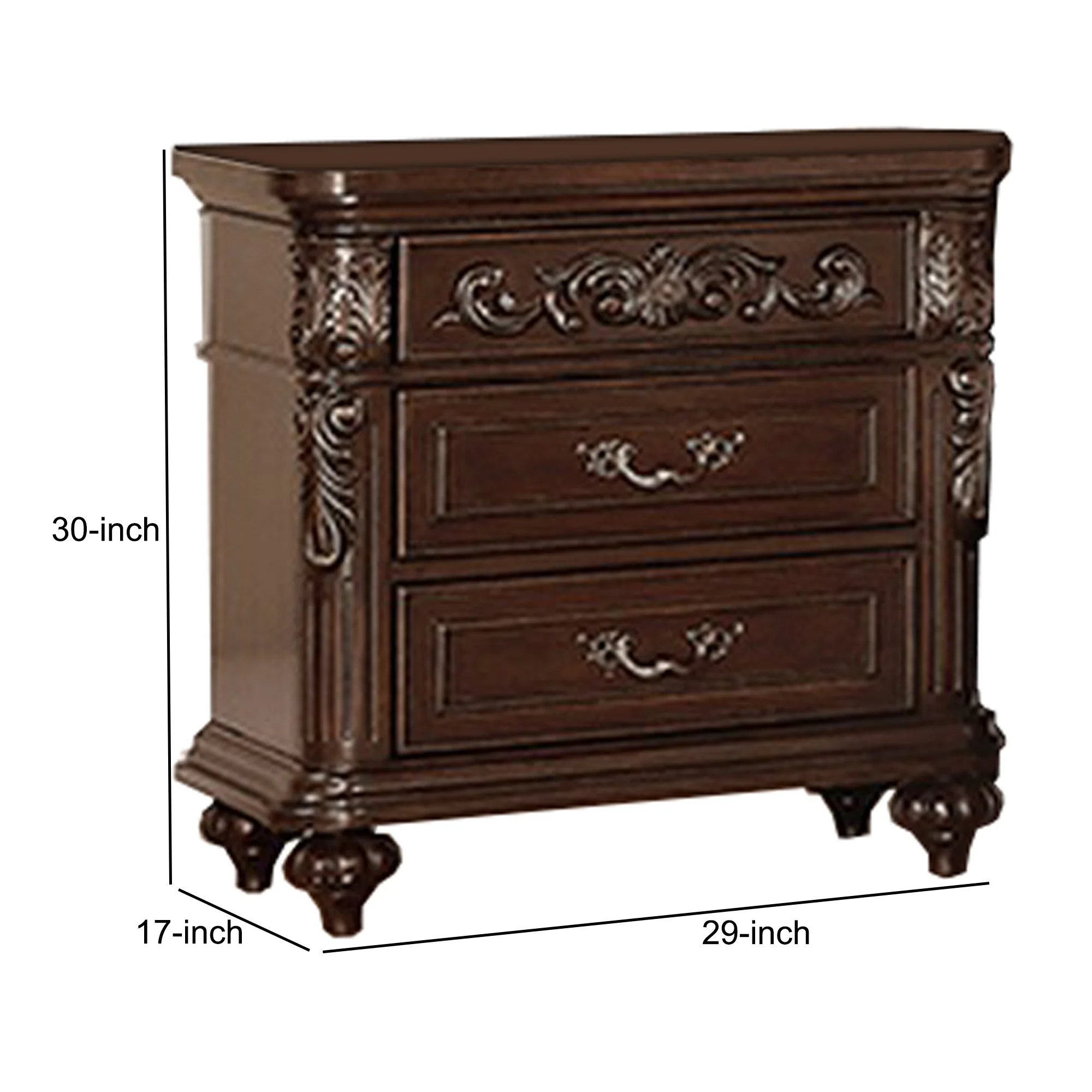 30 Inches 3 Drawer Engraved Wooden Nightstand, Brown By Benzara