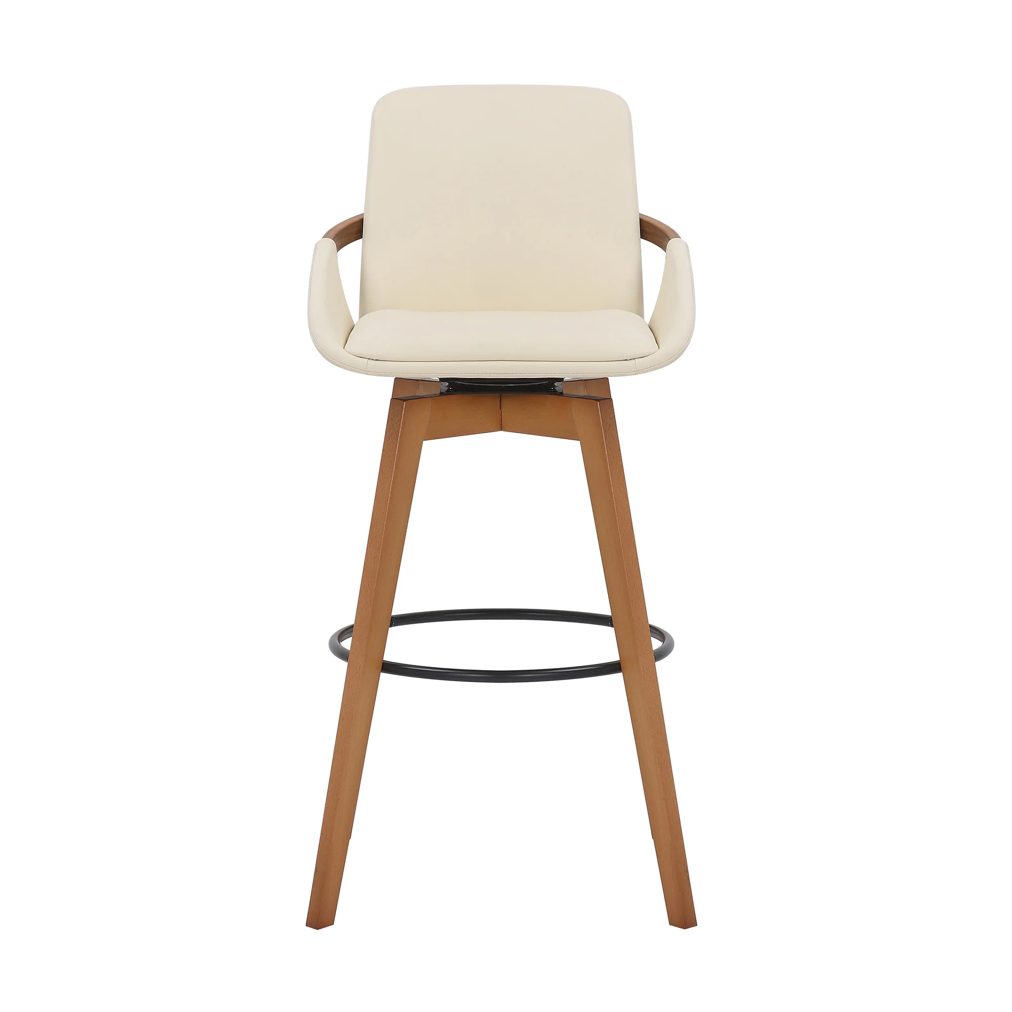 30" Luxurious Cream Faux Leather and Walnut Swivel Bar Stool By Homeroots - Image 3