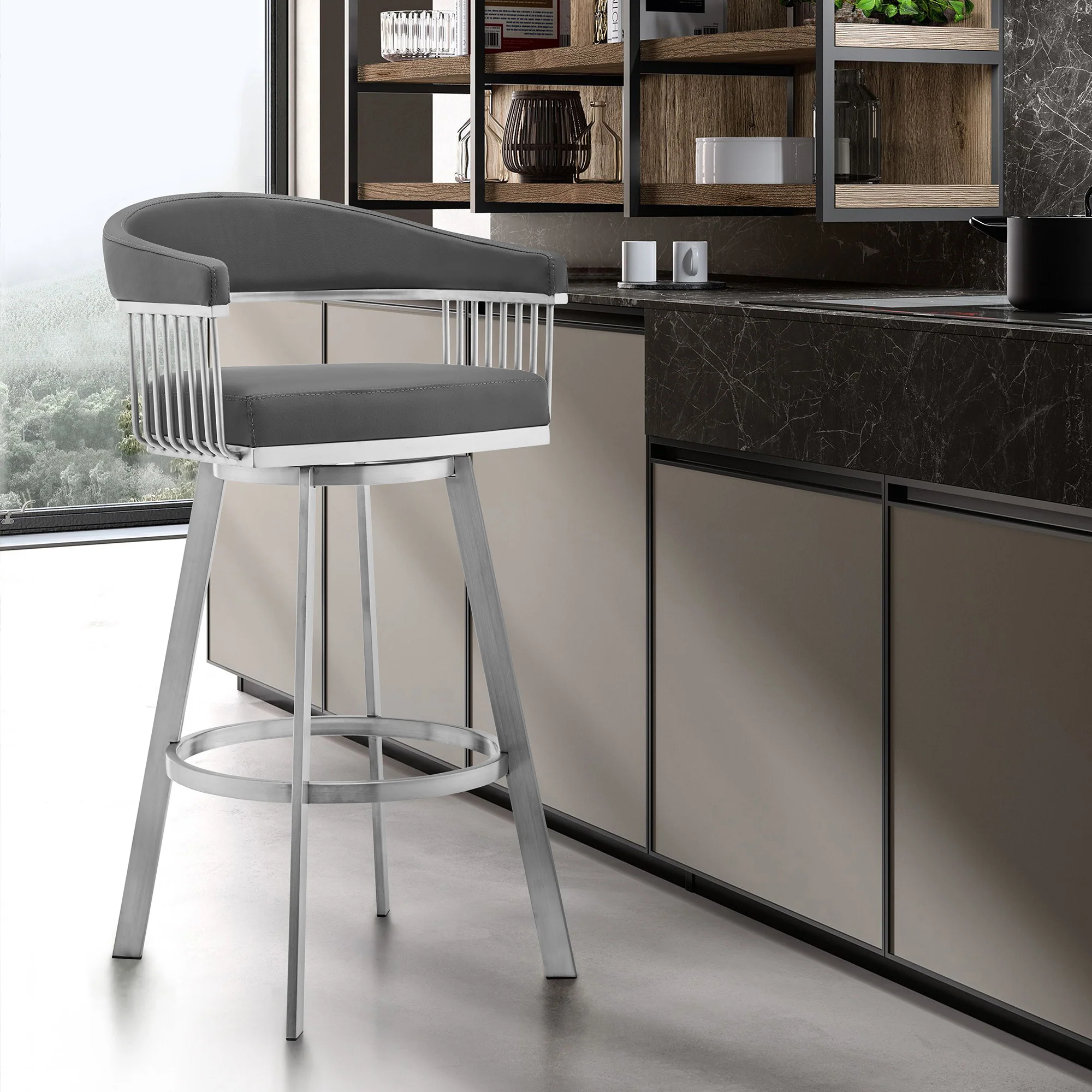 30" Mod Grey Faux Leather Brushed Silver Finish Swivel Bar Stool By Homeroots