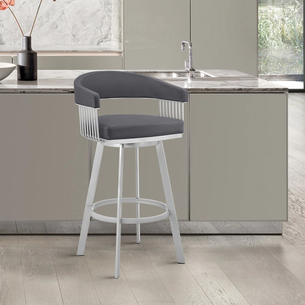 30" Mod Slate Grey Faux Leather Silver Finish Swivel Bar Stool By Homeroots
