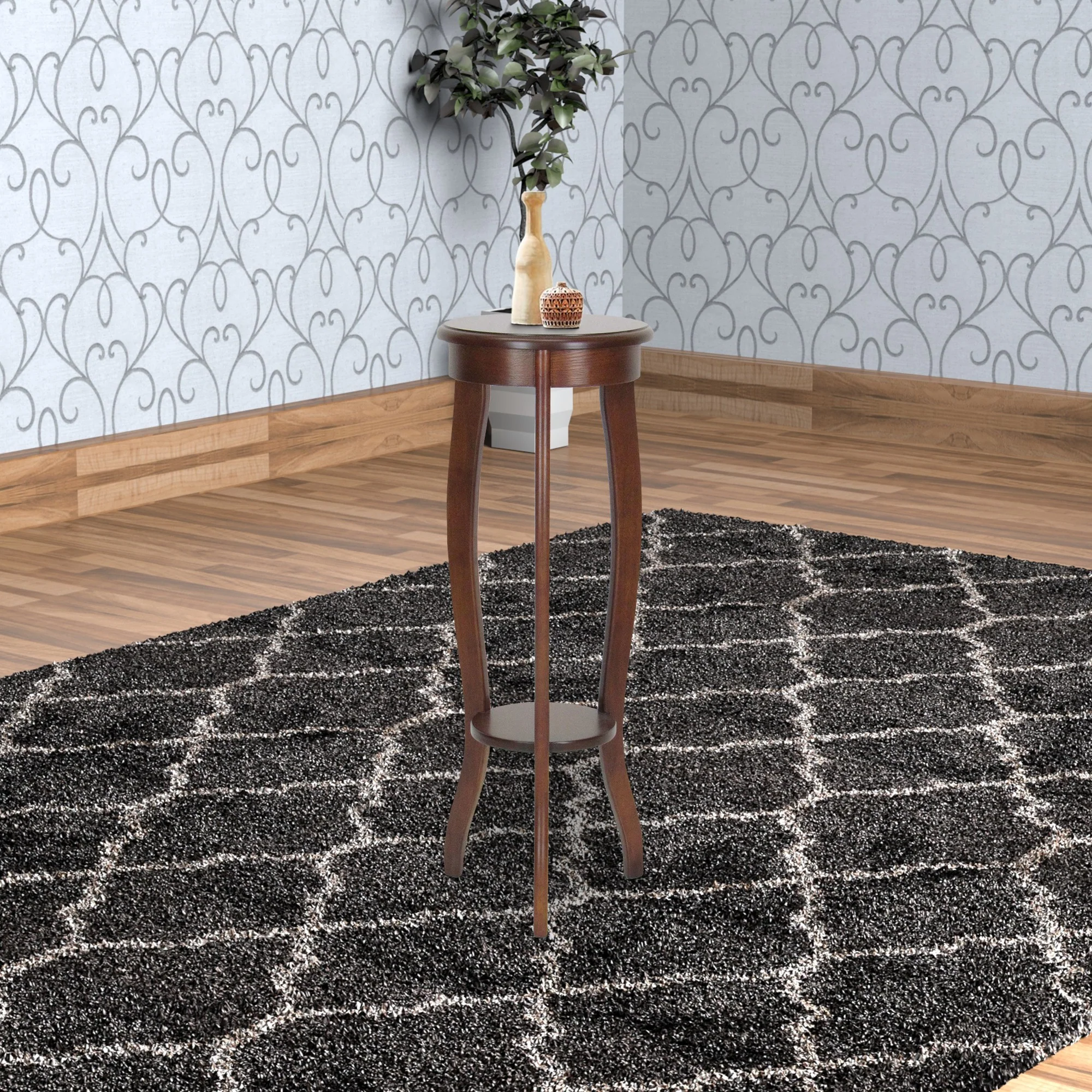 31.5 Inch Round Pedestal Stand with Open Bottom Shelf and Flared Legs,Brown By Benzara