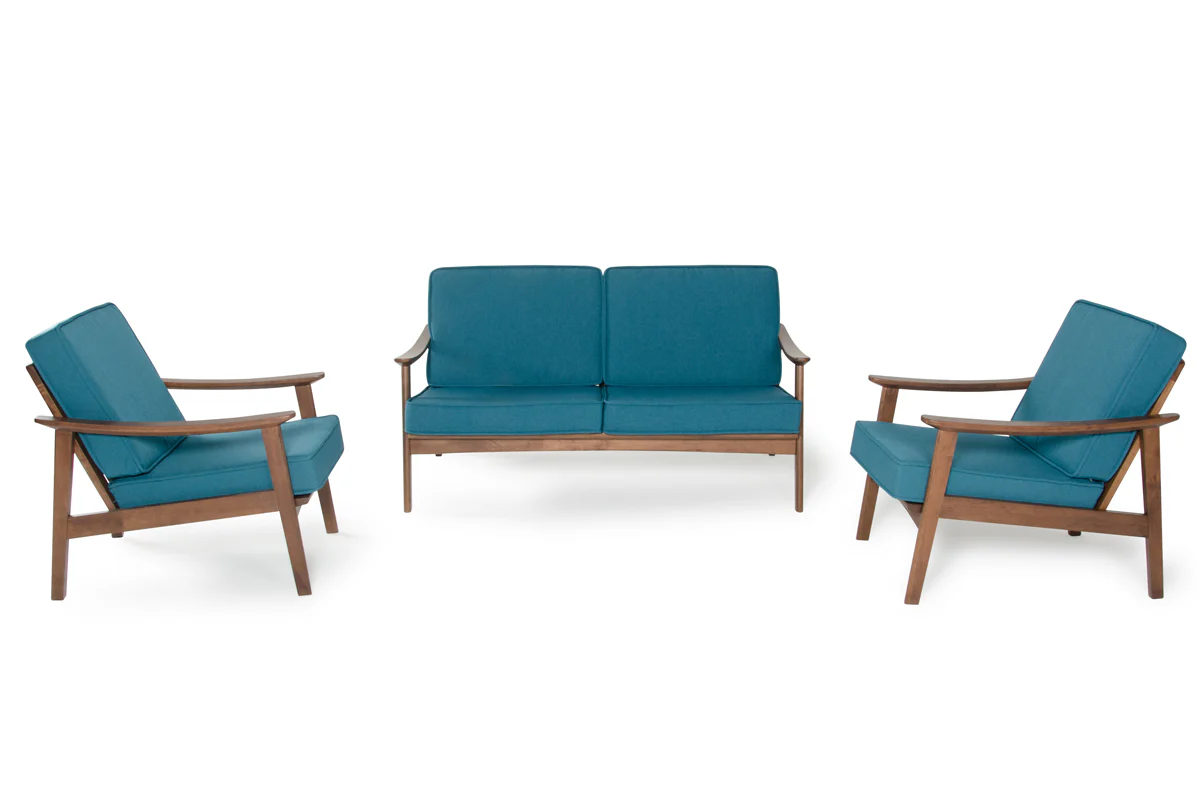 32" Blue and Walnut Wood and Linen Sofa Set By Homeroots - Image 2