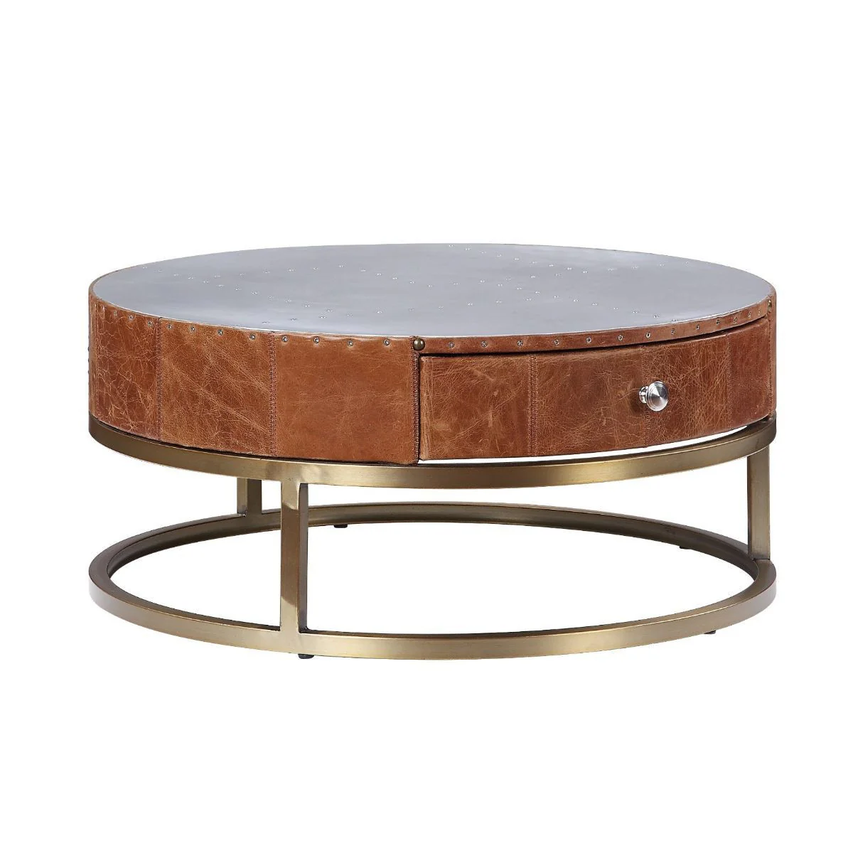 32" Cocoa And Silver Aluminum Round Coffee Table With Drawer By Homeroots