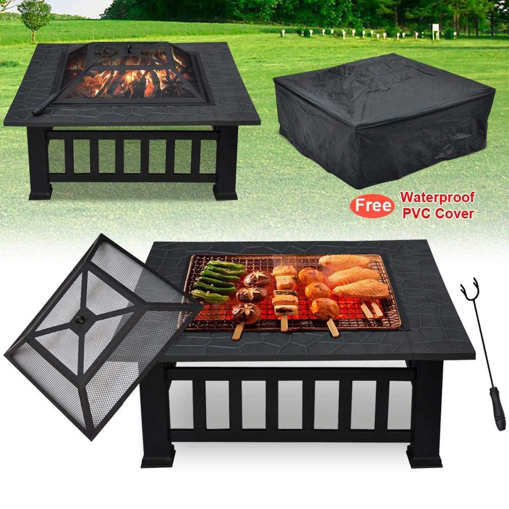 32" Gray Square Charcoal or Wood Burning Fire Pit with Cover By Homeroots