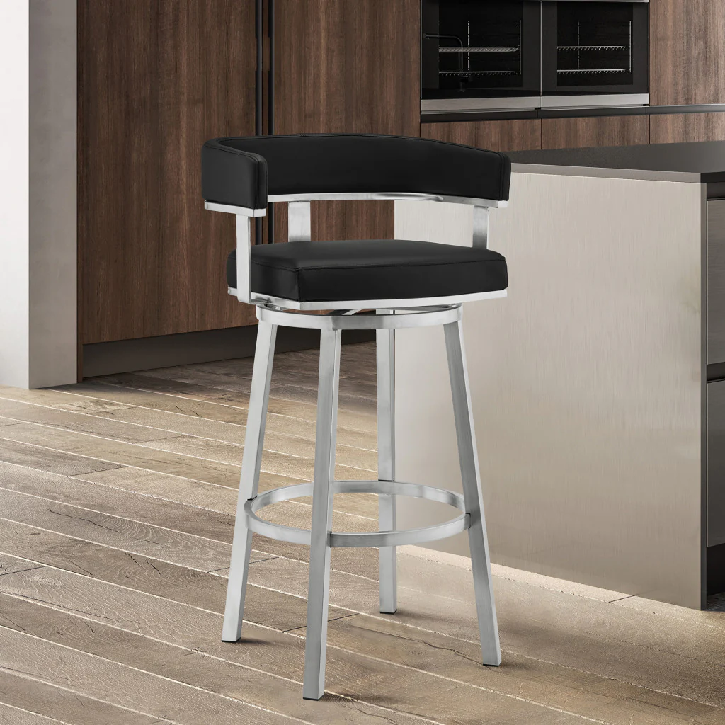 34" Black Faux Leather And Silver Swivel Low Back Counter Height Bar Chair By Homeroots