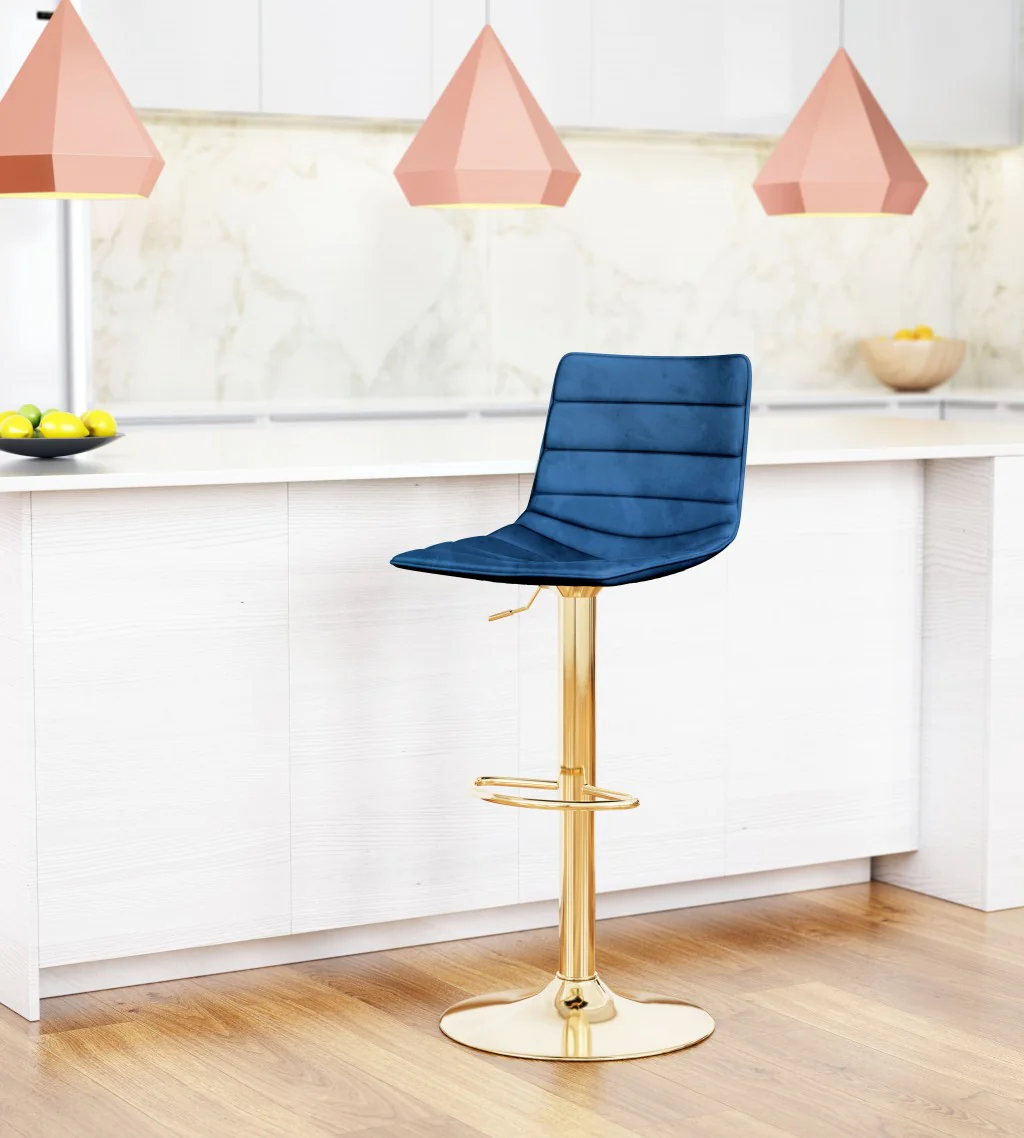 35" Dark Blue And Gold Steel Low Back Counter Height Bar Chair With Footrest By Homeroots