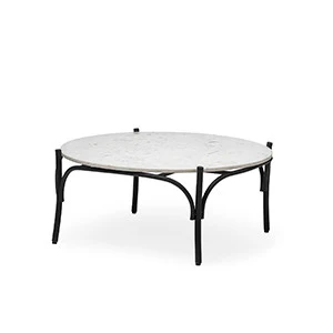 36' Round White Marble Top Black and Metal Base Coffee Table By Homeroots