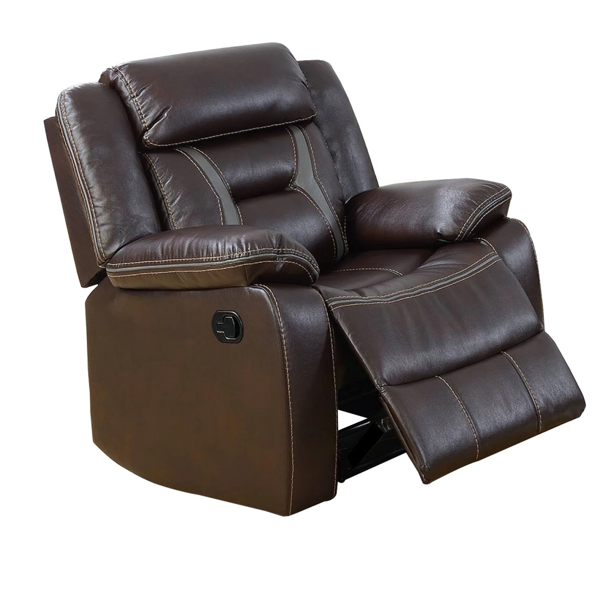 37 Inches Leatherette Glider Recliner with Pillow Arms, Dark Brown By Benzara