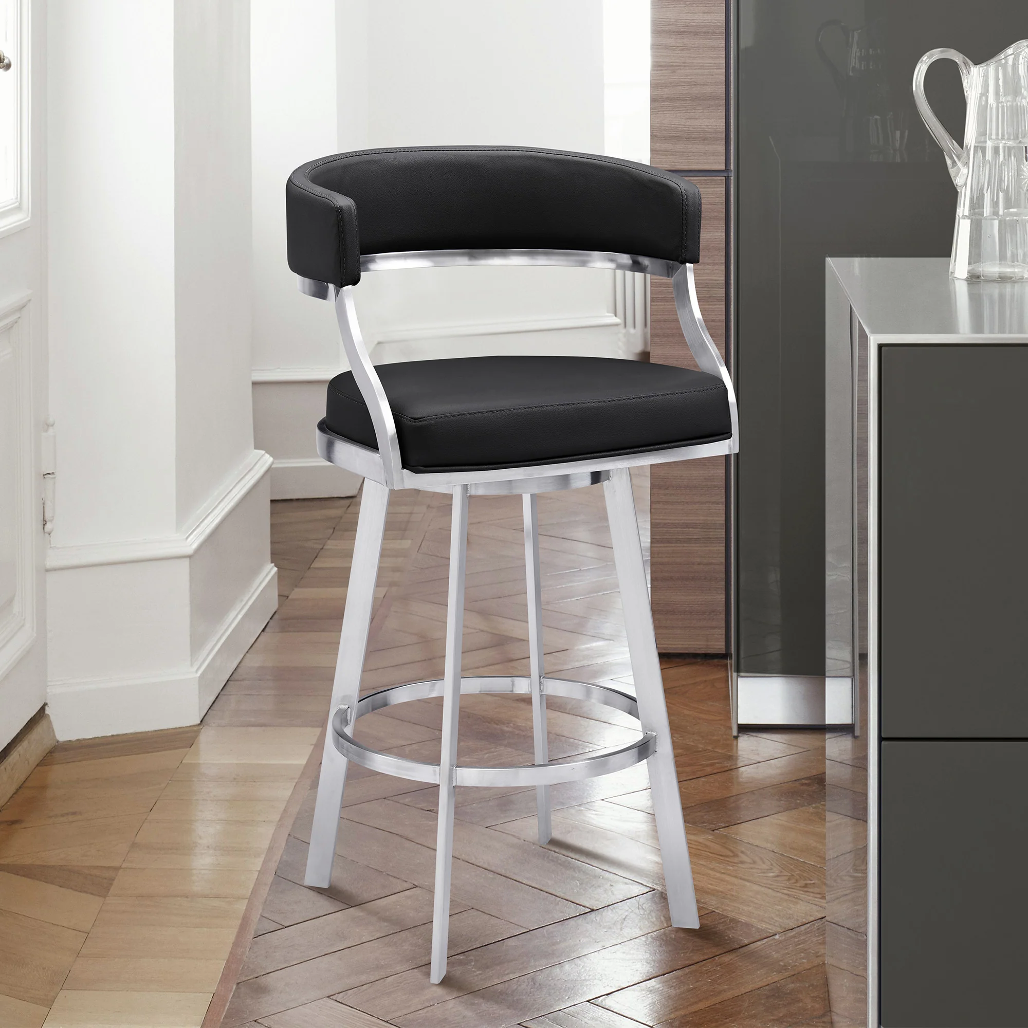 38" Black Faux Leather And Iron Swivel Counter Height Bar Chair By Homeroots - Image 9