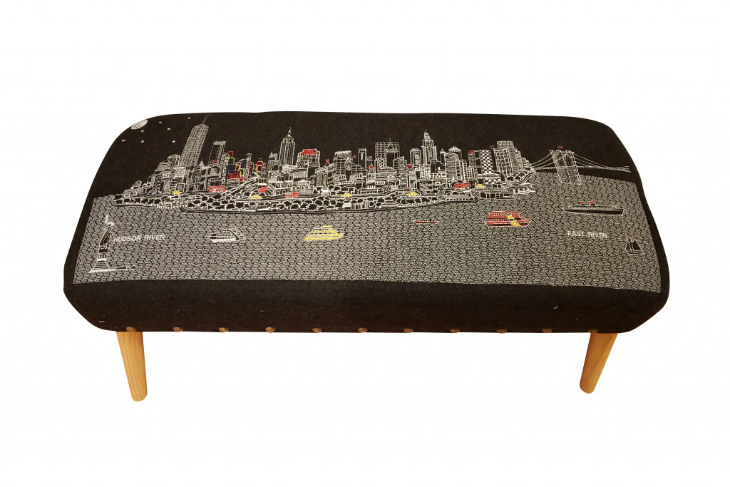 38" NYC Nighttime Skyline Embroidered Ottoman By Homeroots