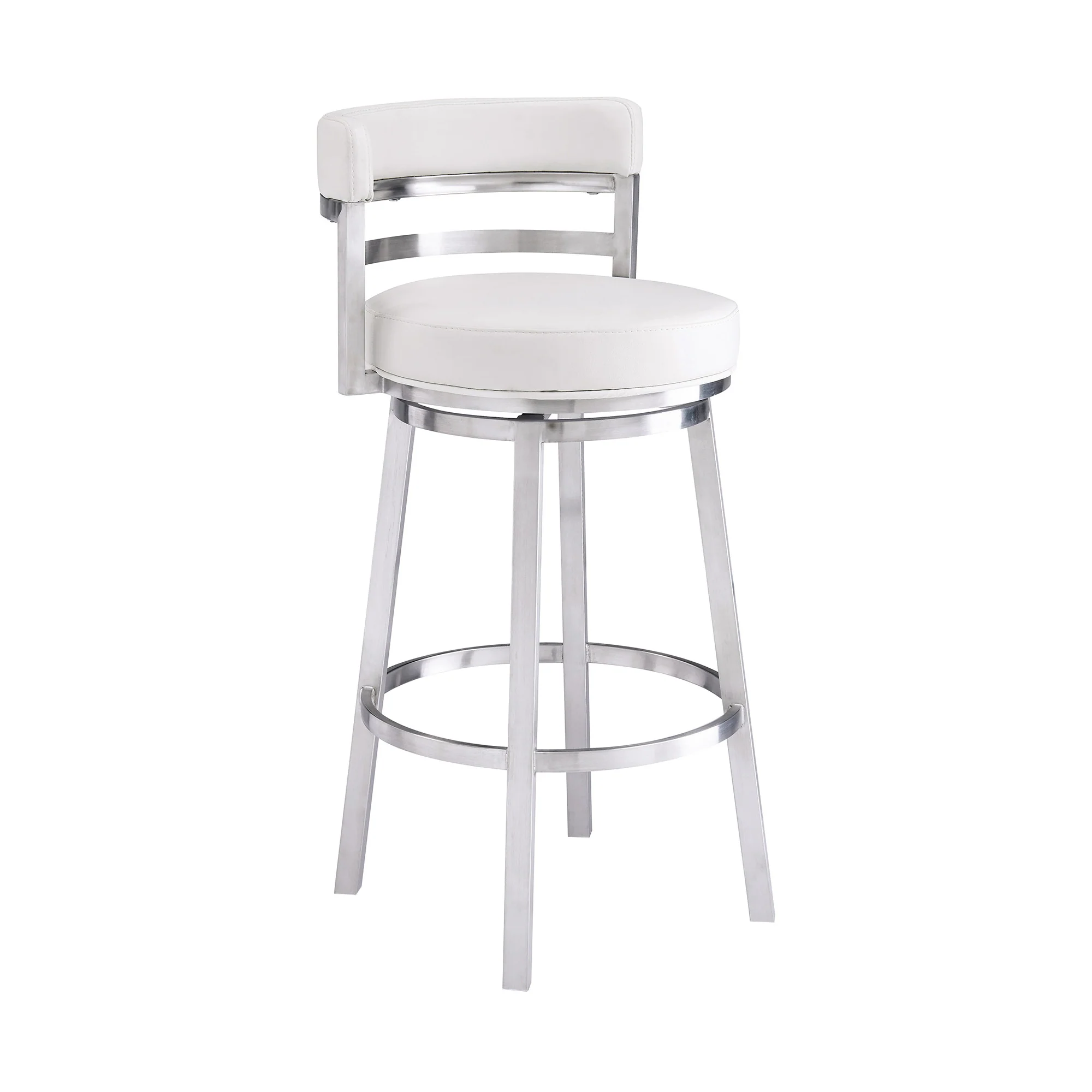 39" White And Silver Faux Leather Swivel Low Back Bar Height Chair With Footrest By Homeroots