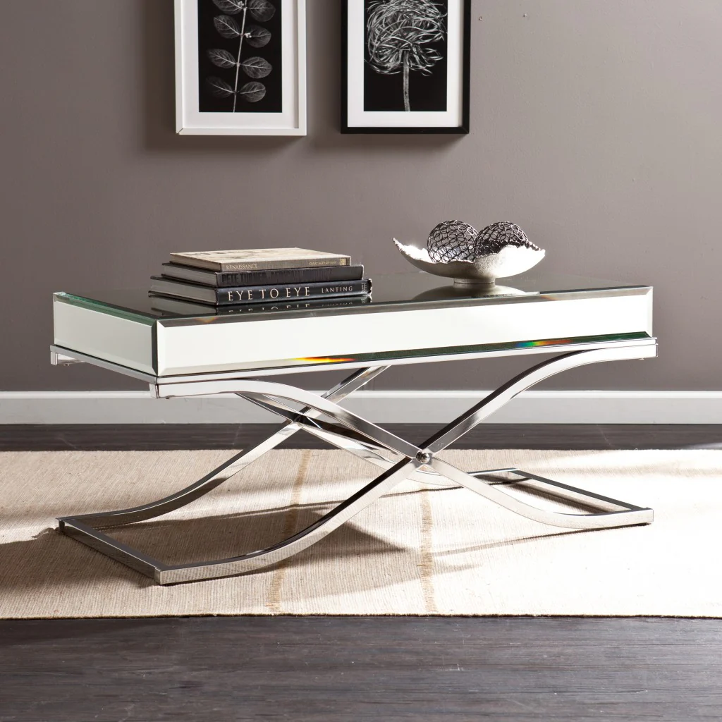 42" Silver Mirrored And Metal Rectangular Mirrored Coffee Table By Homeroots - 402104