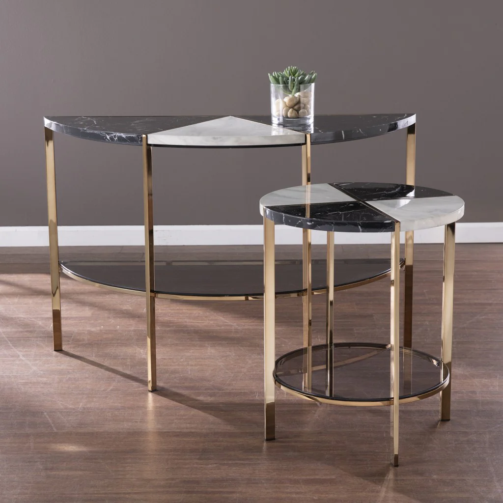 44" Black and White and Champagne Faux Marble Half Moon Console Table With Storage By Homeroots - Image 7