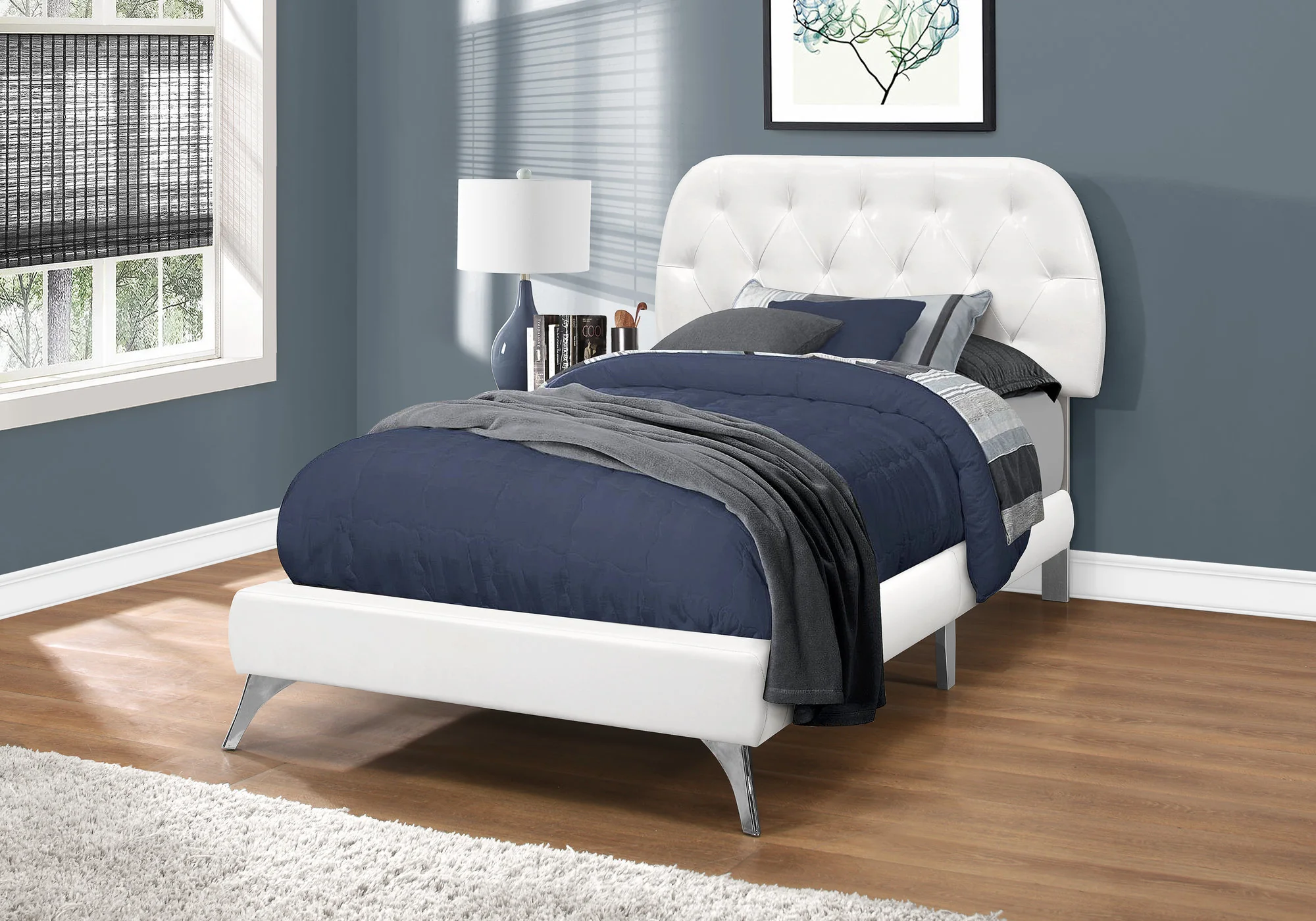 45.25" White Solid Wood Mdf Foam And Linen Twin Sized Bed With Chrome Legs By Homeroots