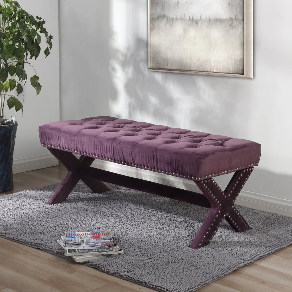 45" Plum And Purple Upholstered Velvet Bench By Homeroots