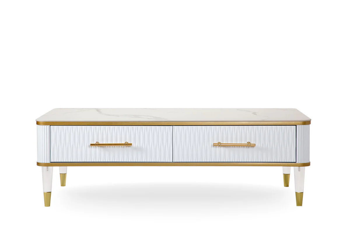 47" White Gold and Faux Stone Rectangular Coffee Table With Drawer By Homeroots