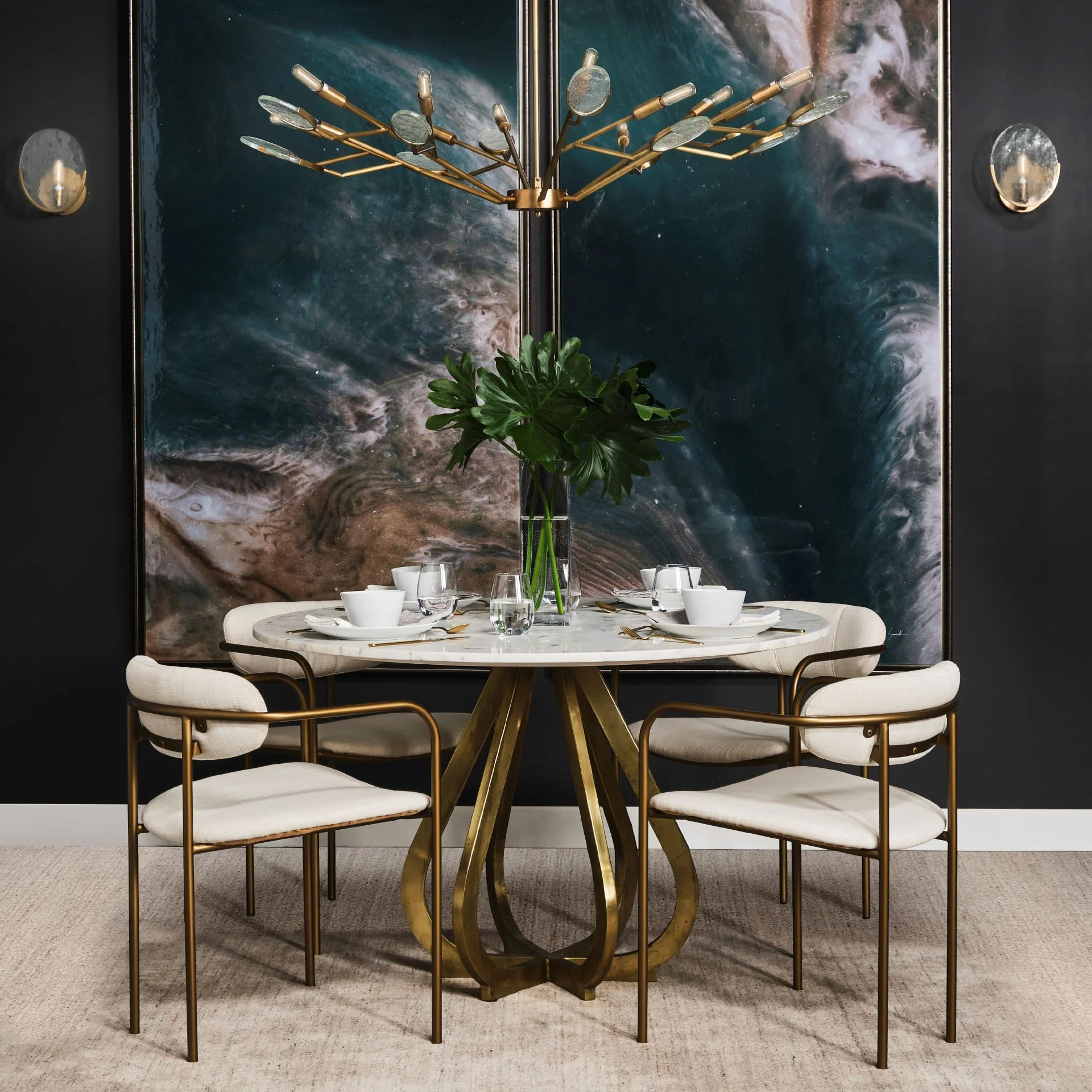48' Marble Top With Gold Metal Base Dining Table By Homeroots