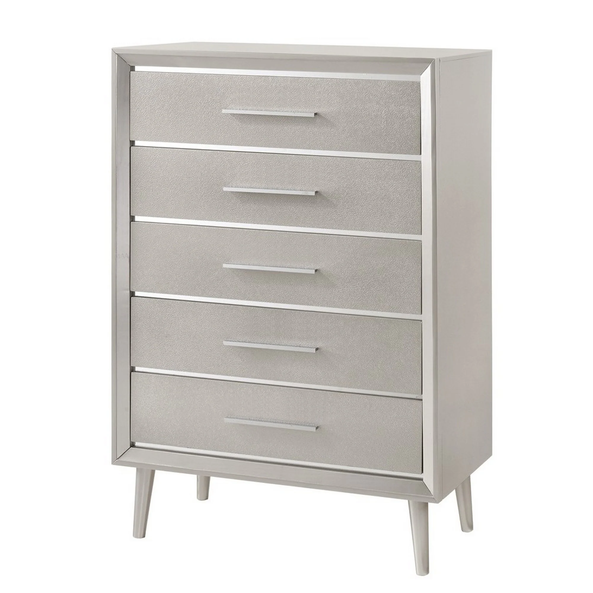 5 Drawer Contemporary Chest With Bar Handles And Splayed Legs, Silver By Benzara