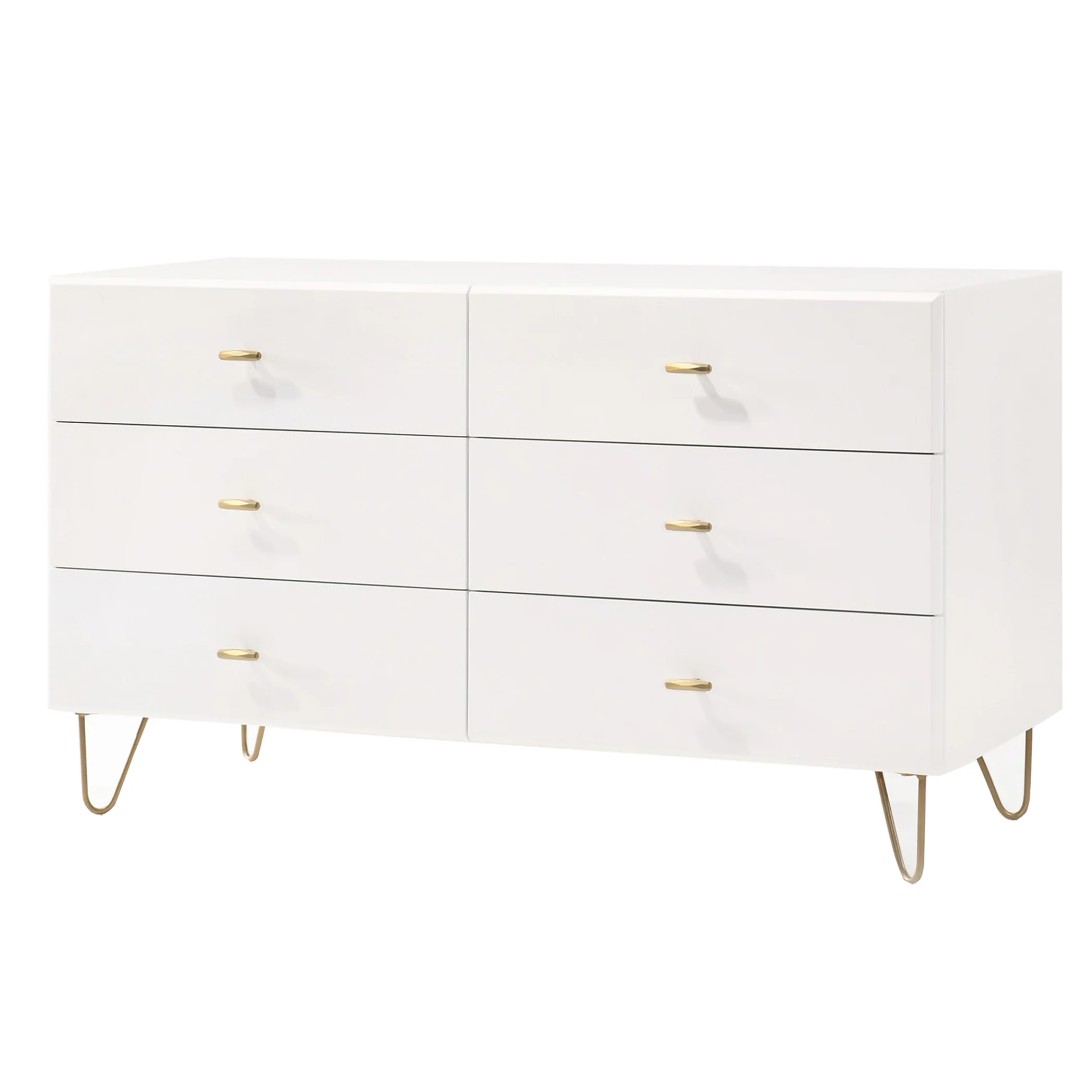 6 Drawer Wooden Dresser with Metal Hairpin Legs, White and Gold By Benzara