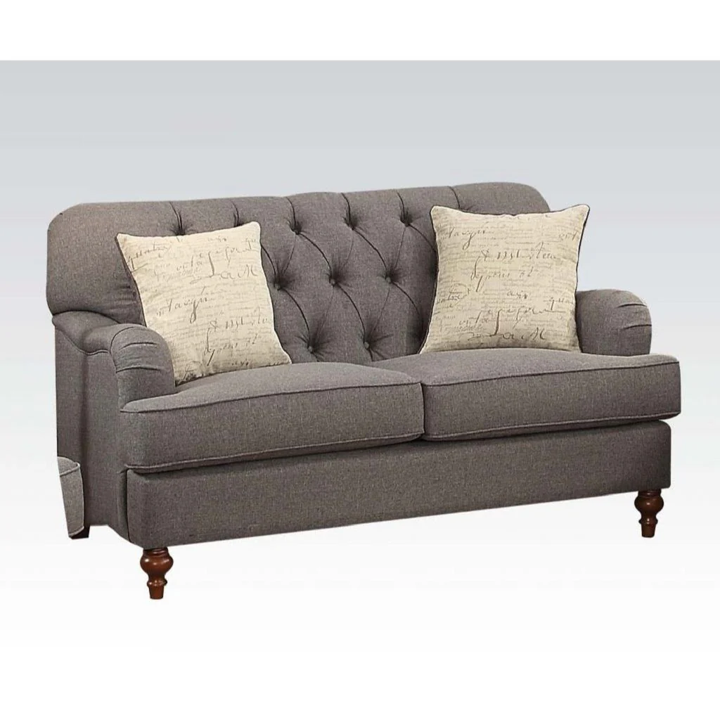61" Dark Gray And Brown Linen Curved Love Seat And Toss Pillows By Homeroots
