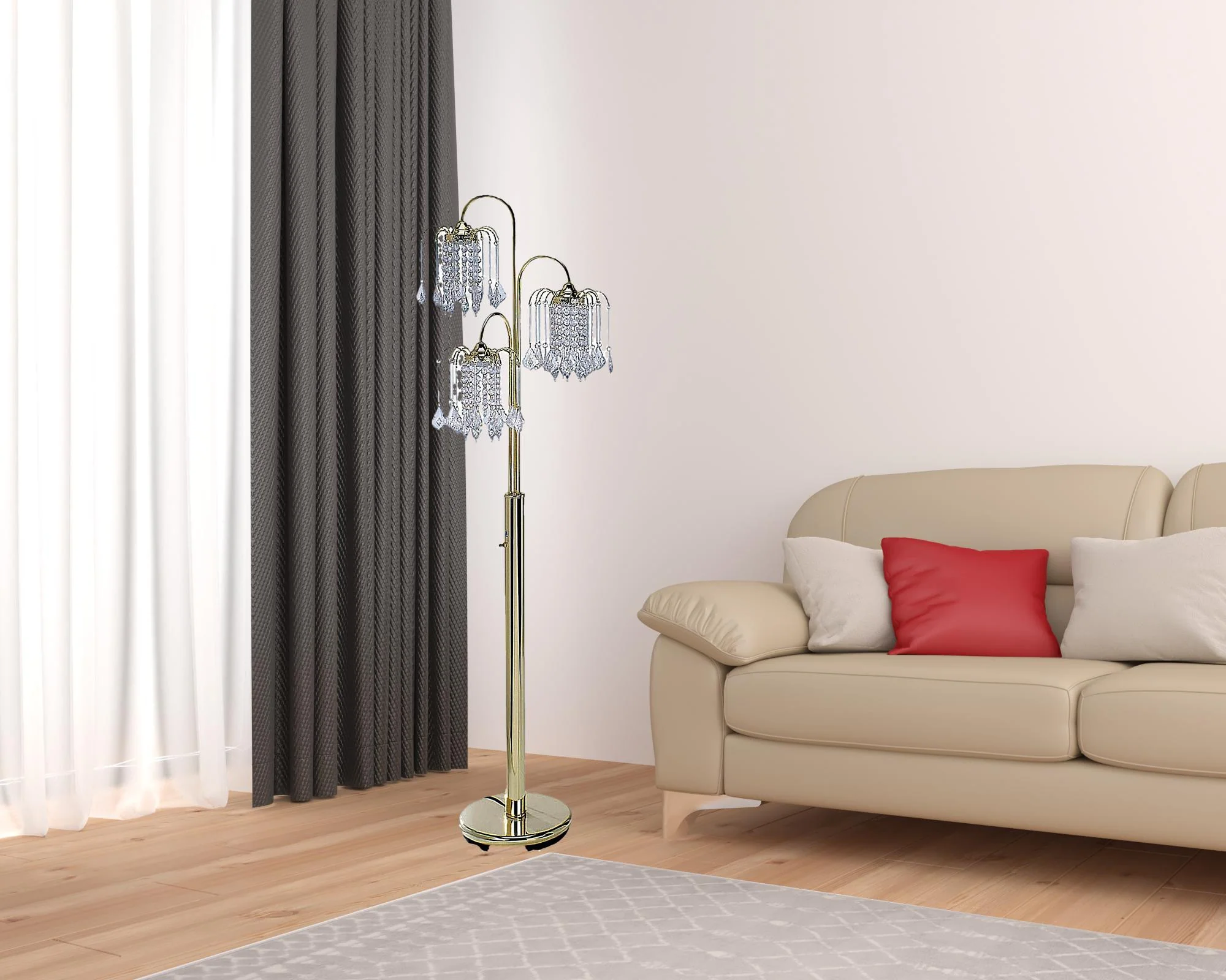 63" Gold Three Lights Candelabra Floor Lamp With Clear Faux Crystal Shades By Homeroots