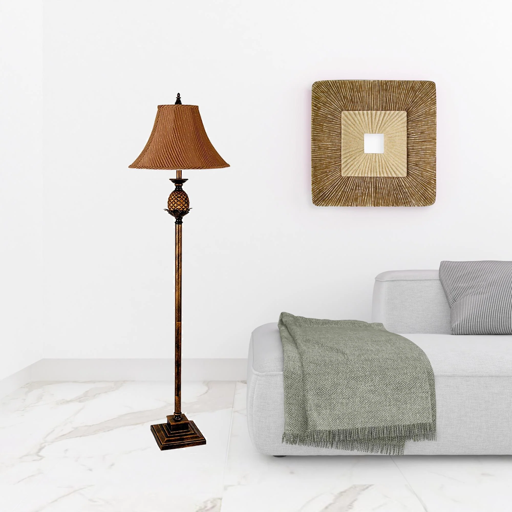 65" Antique Gold And Brown Traditional Pineapple Floor Lamp With Brown Bell Shade By Homeroots