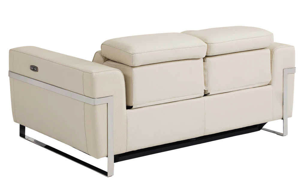 65" Beige Italian Leather with Chrome Accents Reclining Love Seat By Homeroots - Image 3