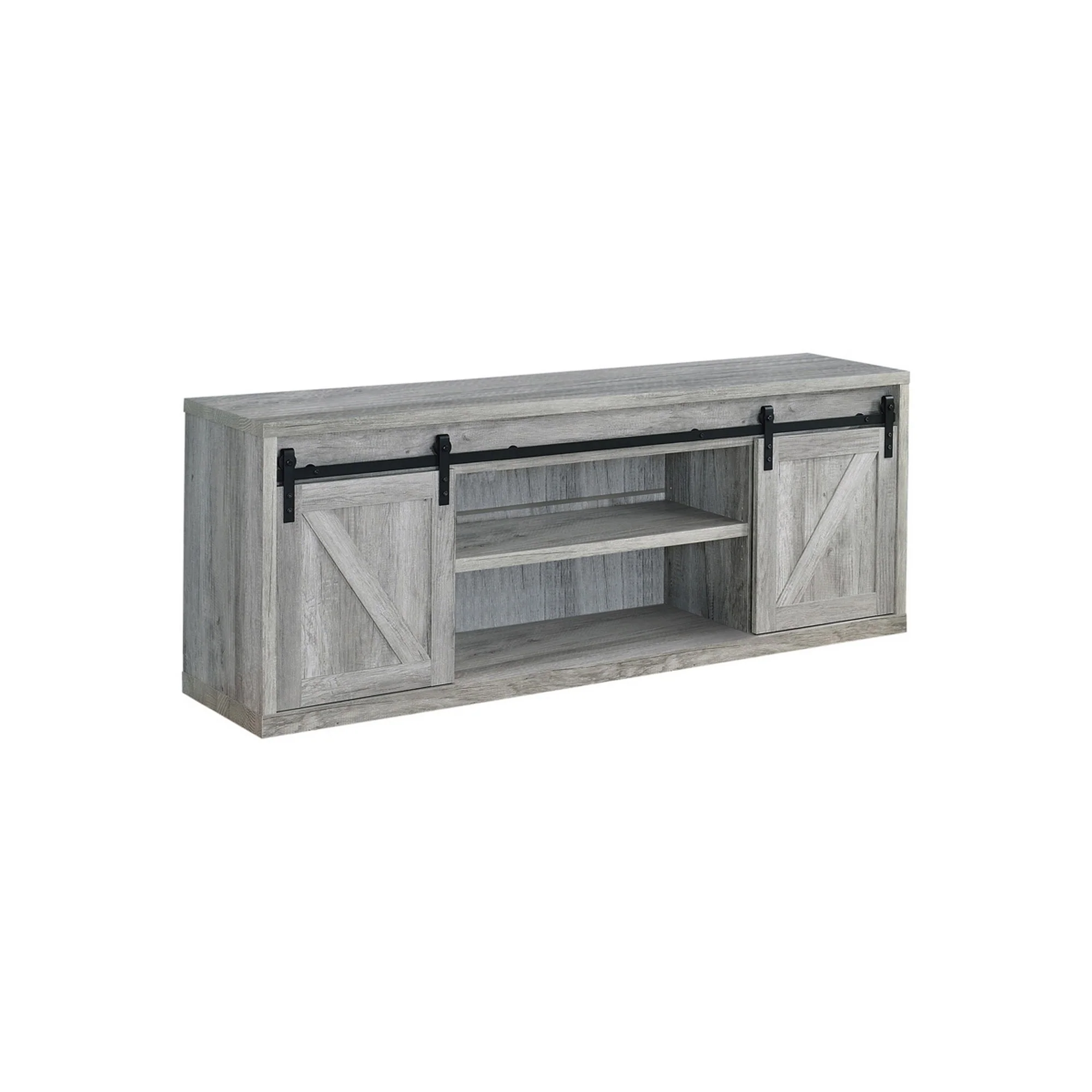 71 Inch Farmhouse Wooden Tv Console With 2 Sliding Barn Doors, Gray By Benzara