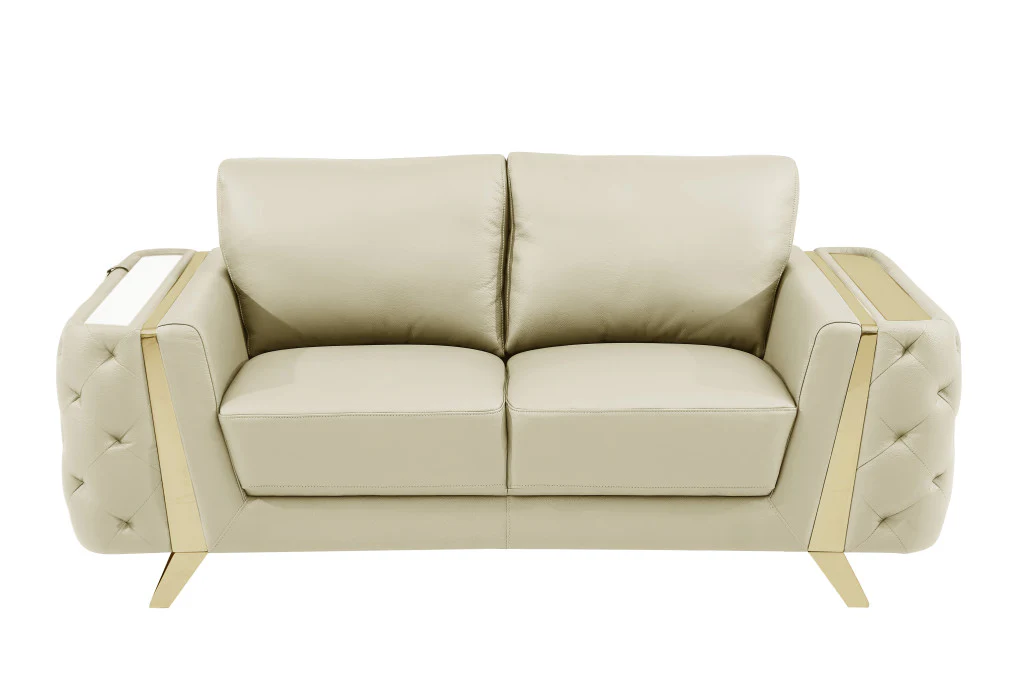 72" Beige And Gold Genuine Leather Love Seat By Homeroots