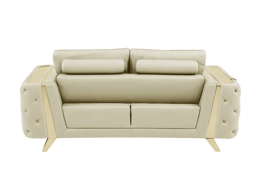 72" Beige And Gold Genuine Leather Love Seat By Homeroots - Image 5