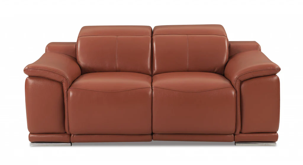 72" Camel And Silver Italian Leather Power Reclining Love Seat By Homeroots
