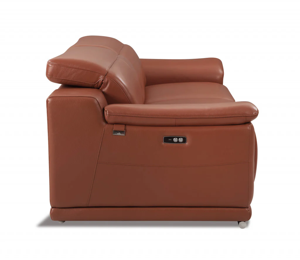 72" Camel And Silver Italian Leather Power Reclining Love Seat By Homeroots - Image 5