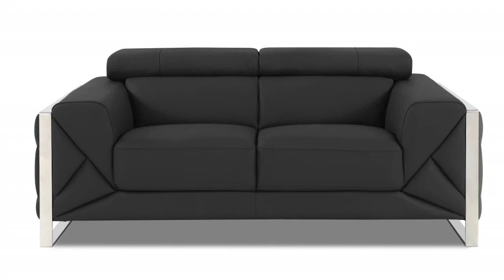 75" Black Italian Leather and Chrome Solid Color Love Seat By Homeroots - Image 13